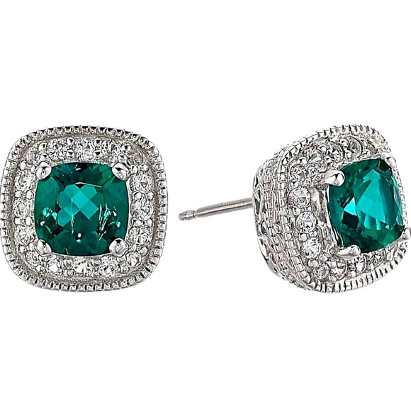 Jewelry - Emerald Green Cushion Halo Stud Earrings
